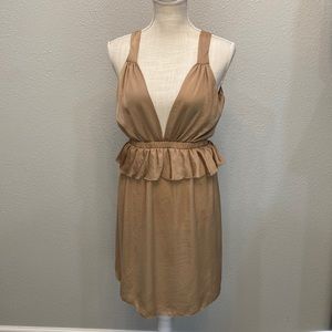 Hale bob ruffled sleeveless tan dress